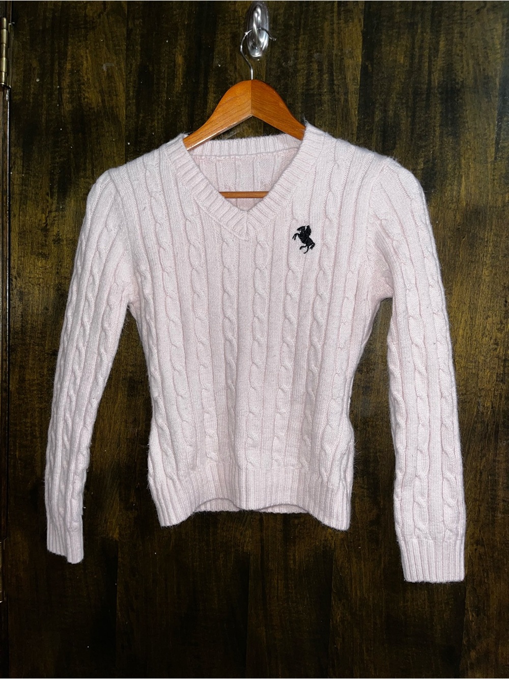 SHEIN Light Pink Cable Knit Sweater with Horse Crest